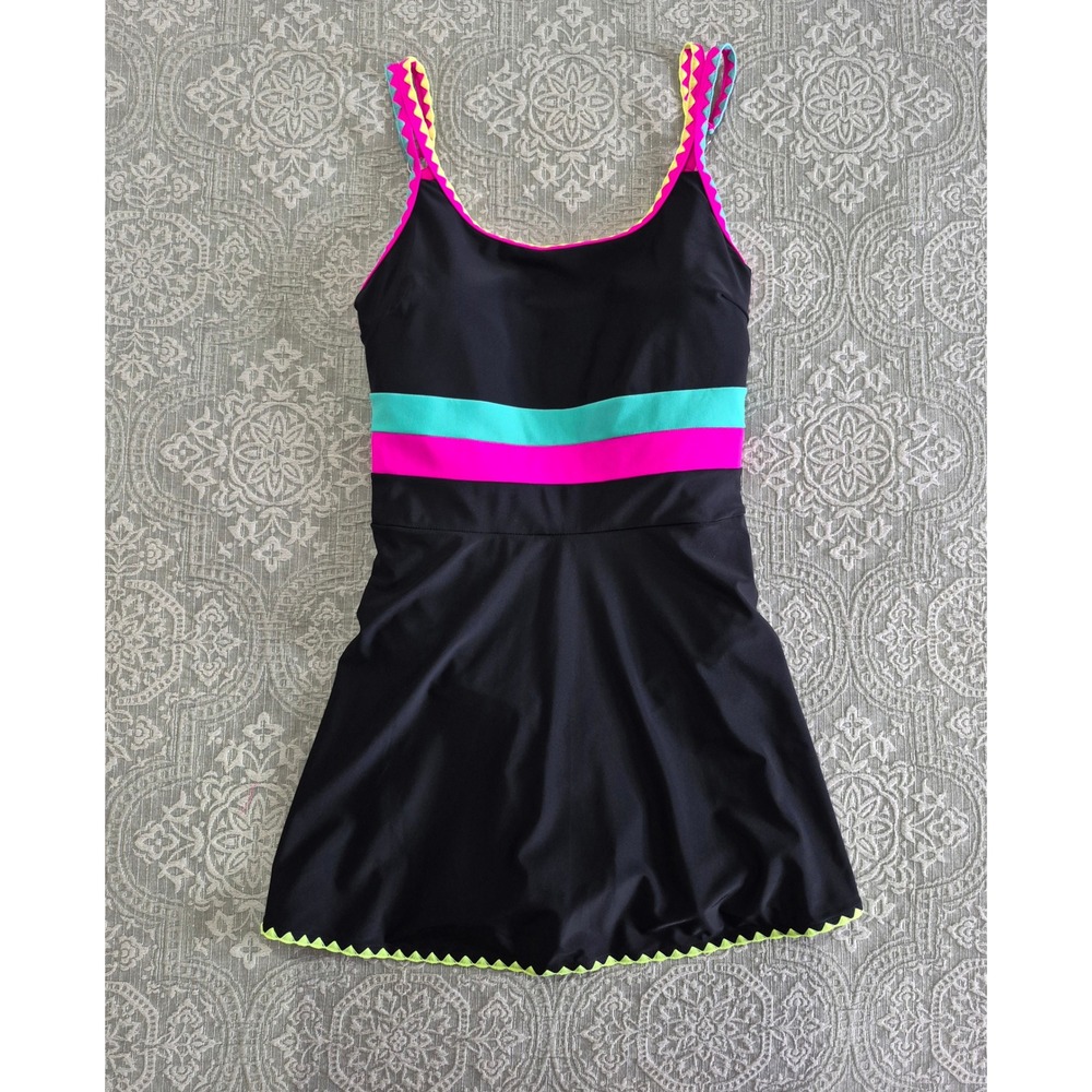Popvil Black Blue Pink Neon Swim Dress Ric Rac Trim adjustable straps